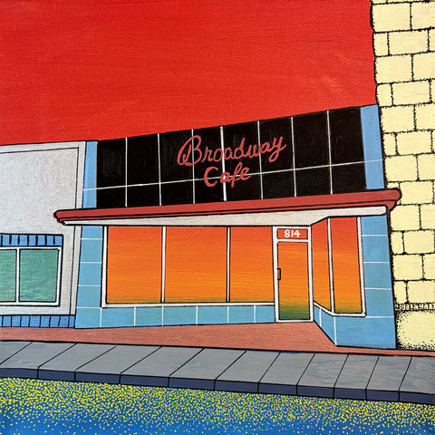 Broadway Cafe, 12"x12" Acrylic Paint & Pens on Stretched Canvas