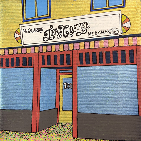 McQuarrie Tea & Coffee Merchants, 8"x8" Acrylic Paint & Acrylic Pens on Stretched Canvas