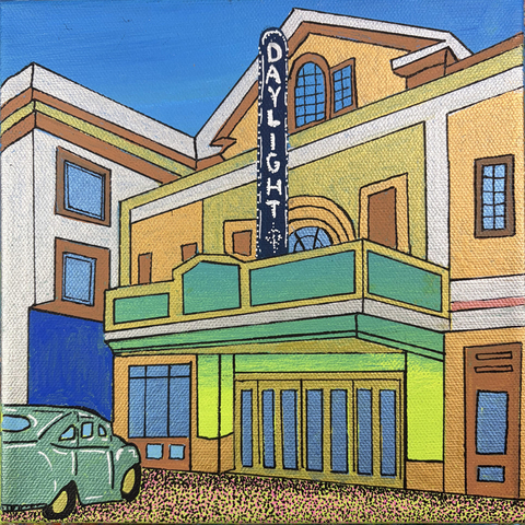 Daylight Theatre, 1914-1965, 8"x8" Acrylic Paint & Pens on Stretched Canvas