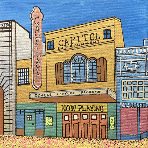 Capitol Theatre, 8"x8" Acrylic Paint & Acrylic Pens on Stretched Canvas