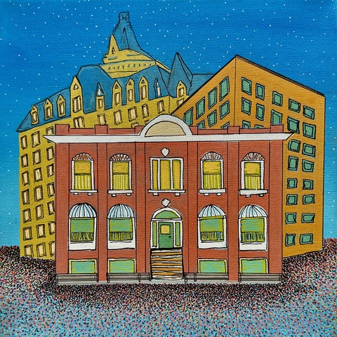 Farnam Block, Bessbourough, Drinkle Buildings, 12"x12" Acrylic Paint & Acrylic Pens on Stretched Canvas