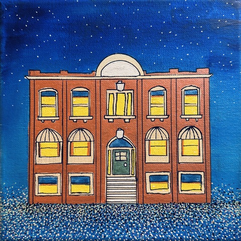 Farnam Block aka Lydia's, 1912-2015, 8"x8" Acrylic Paint & Pens on Stretched Canvas