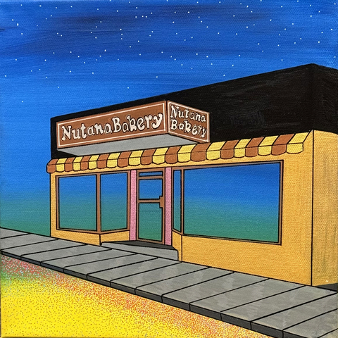 Nutana Bakery, 14"x14" Acrylic Paint & Pens on Stretched Canvas