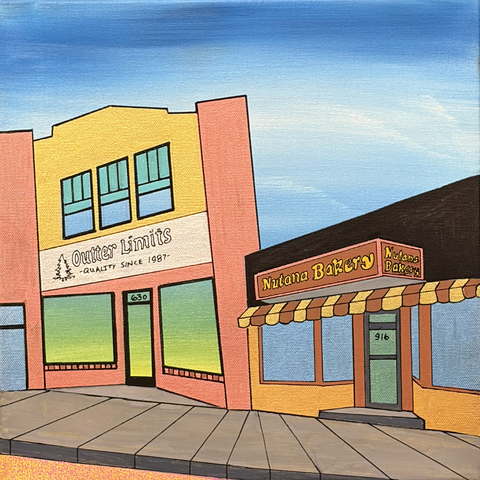 Broadway Favourites, Outter Limits & Nutana Bakery, 14"x14", Acrylic Paint & Pens on Stretched Canvas