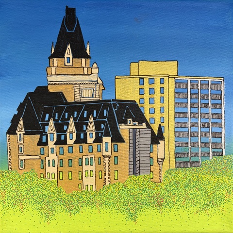 Bessborough & Spadina Tower, 12"x12", Acrylic Paint & Pens on Stretched Canvas