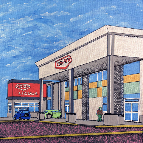 CO-OP Grocery & Liquor Store, 12"x12", Acrylic Paint & Pens on Stretched Canvas