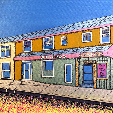 Amigos Cantina, 12"x12" Acrylic Paint & Acrylic Pens on Stretched Canvas
